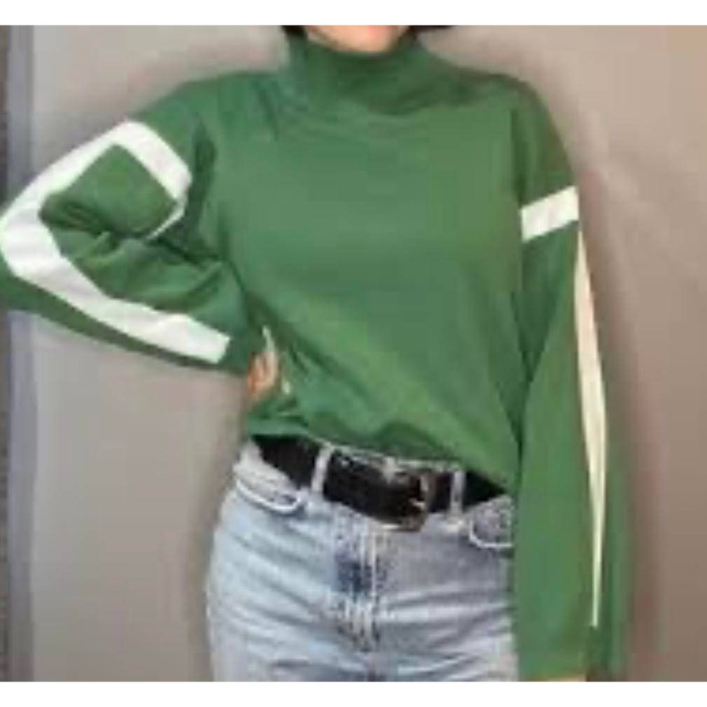 La Ligne Target Green Striped Sleeve Mock Neck Sweater Plus Size 1X Cotton Wool